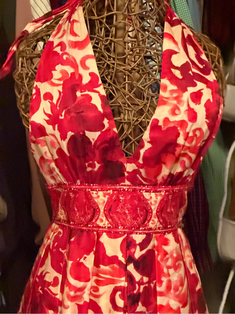 Adrianna Papell Red and Cream Floral Halter Midi Dress